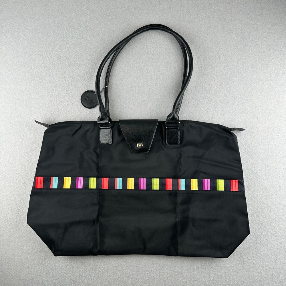 Joann Marie Designs Tote Bag Womens Large Black Multi Color Striped Nylon Flap